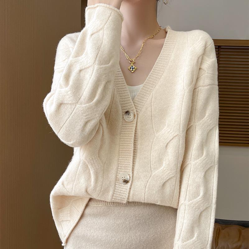 100% Pure Wool V-neck Women's Loose Fit Knit Cardigan - Autumn/Winter Versatile Layer