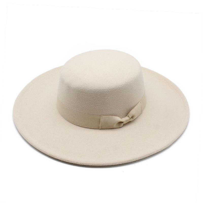 Retro British Style Bow Flat Top Top Top Hat Couple Men And Women Gentleman'S Hat Women'S Large Flat Brim Woolen Thermal Hat
