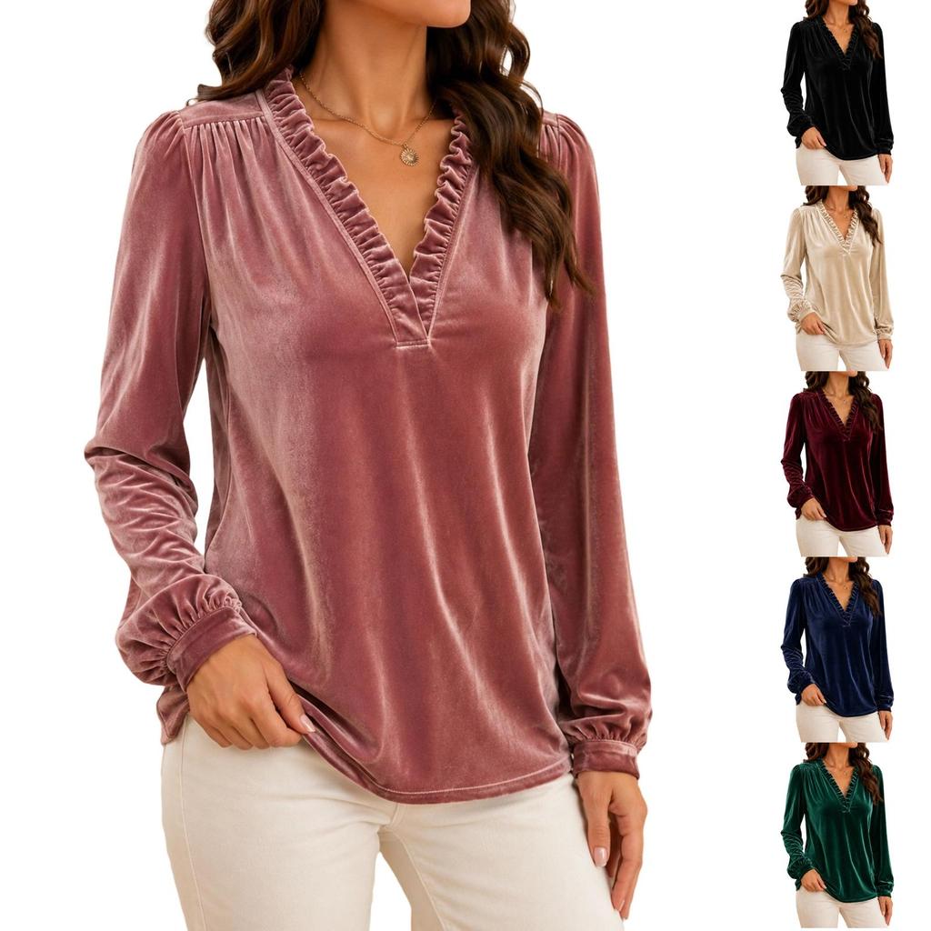 Women's Long Sleeve Velvet V-Neck Casual Blouse Top