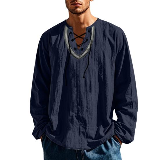 Camicia Casual da Uomo con Lacci Scollo a V Vestibilità Ampia Maniche Lunghe Camicia Vintage Etnica Boho Primavera Autunno Cotone Traspirante Felpa Top da Uomo