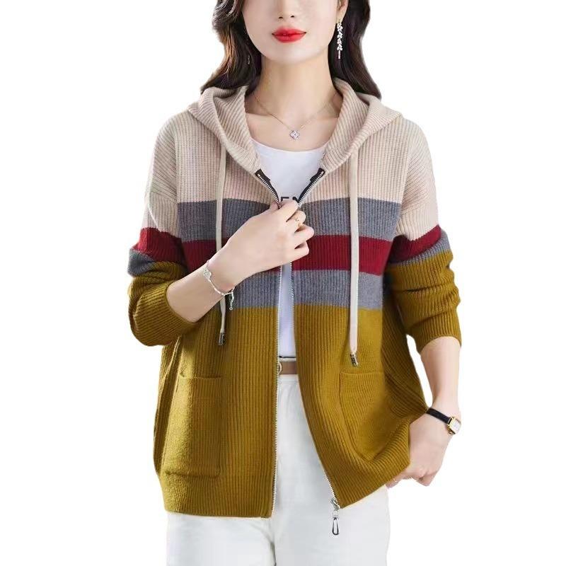 Autumn Color Matching Hooded Knitted Cardigan Women's Top New Women's Striped Sweater Jacket Autumn and Winter