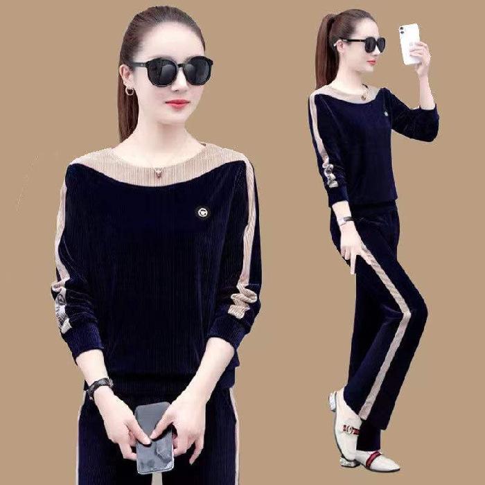 Costum Sport Damă Catifea Aurie: Set elegant, casual din două piese pentru primăvara și toamna 2024