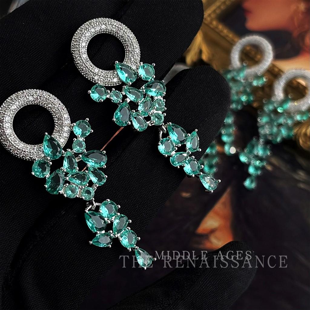 Heavy Industry Color Treasure Green Zircon Tassel Earrings Retro Court Style Earrings
