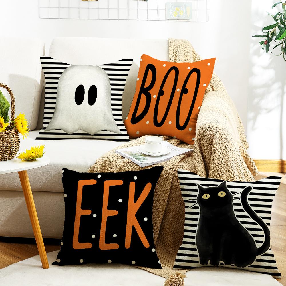 New Halloween Black Cat Striped Linen Pillow Cover Ghost Retro Elements Home Living Room Bedroom Sofa Decoration