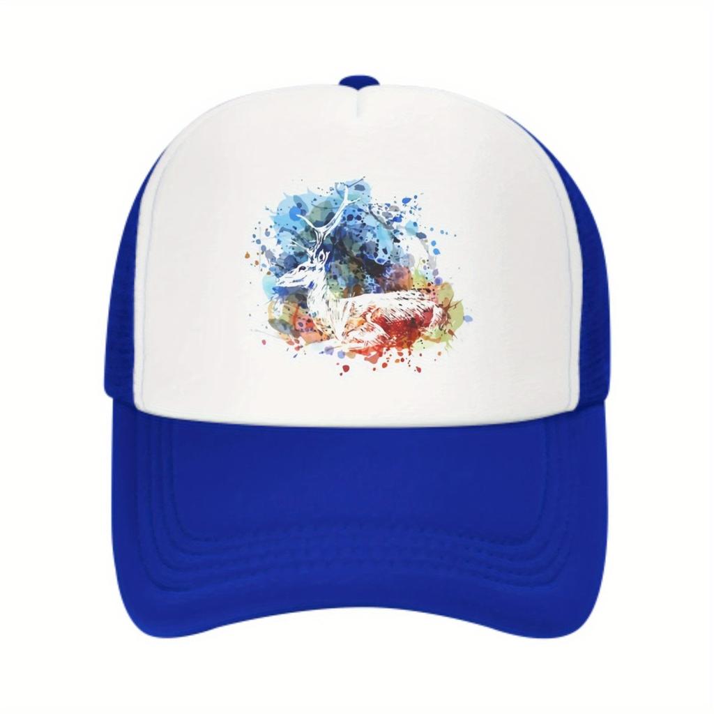 Watercolor Deer Graphic Print Mesh Back Trucker Hat Unisex Casual Adjustable Baseball Cap