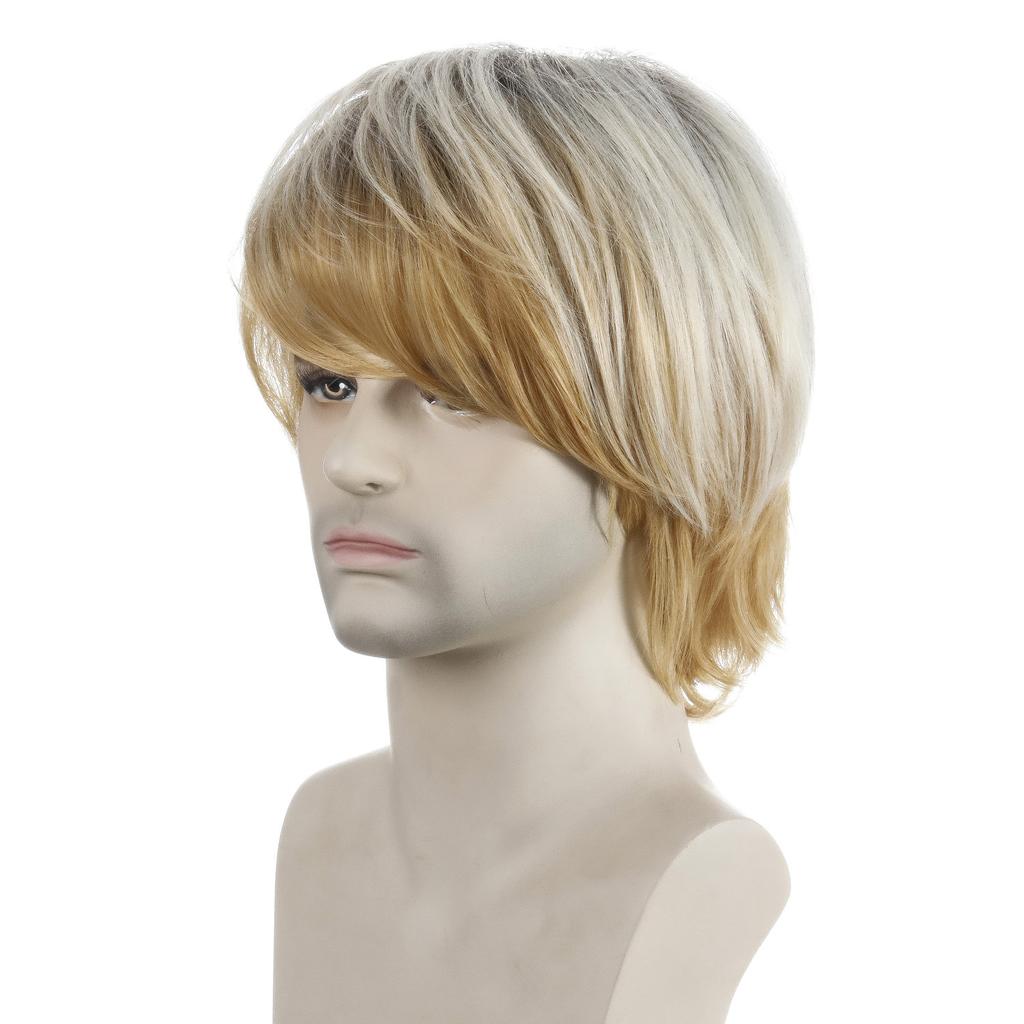 European and American Style Men's Fashion Front Lace Heat Resistant Daily Use Natural Looking Synthetic Fiber Light Golden Short Straight Wig