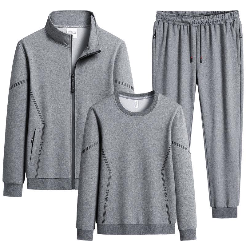 Men's Plus Size Spring Cotton Sportswear: Casual, Breathable Three-Piece Set with Running Cardigan and Round Neck