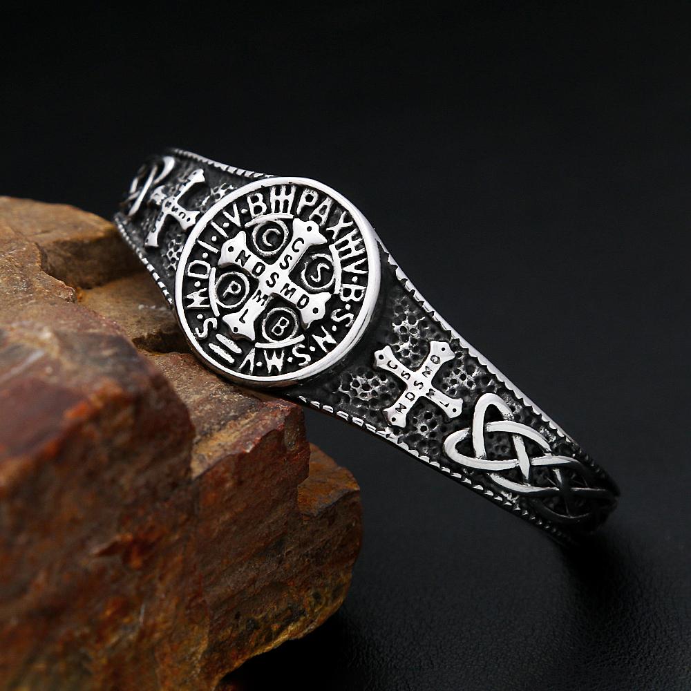 New Classic Saint Benedict Bracelet For Men Women Stainless Steel Fashion Cross Opening Bangles Biker Jewelry Dropshipping