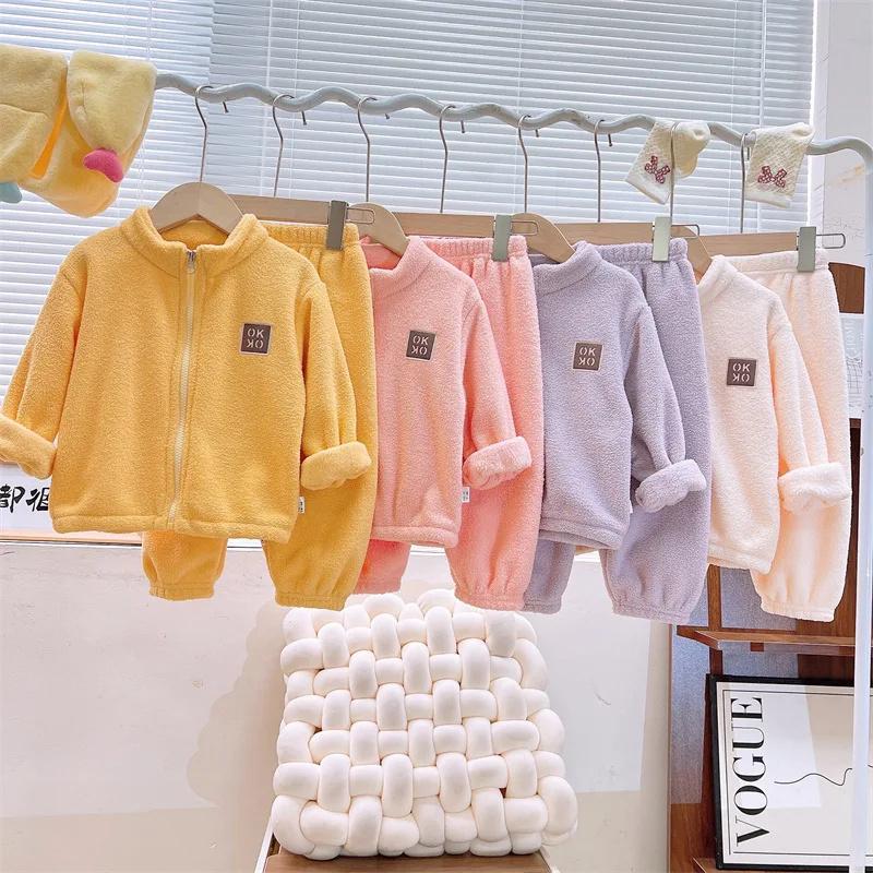 2pcs Kids Clothes Warm Fleece Thick Baby Clothes Girl Boy Loungewear Hooded Sweatshirt+Pants School Uniform Outfit