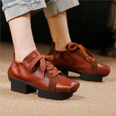 Women's Shoes Genuine Leather Square Toe Soft Cowhide Lace-up Versatile Mid Heel Pumps