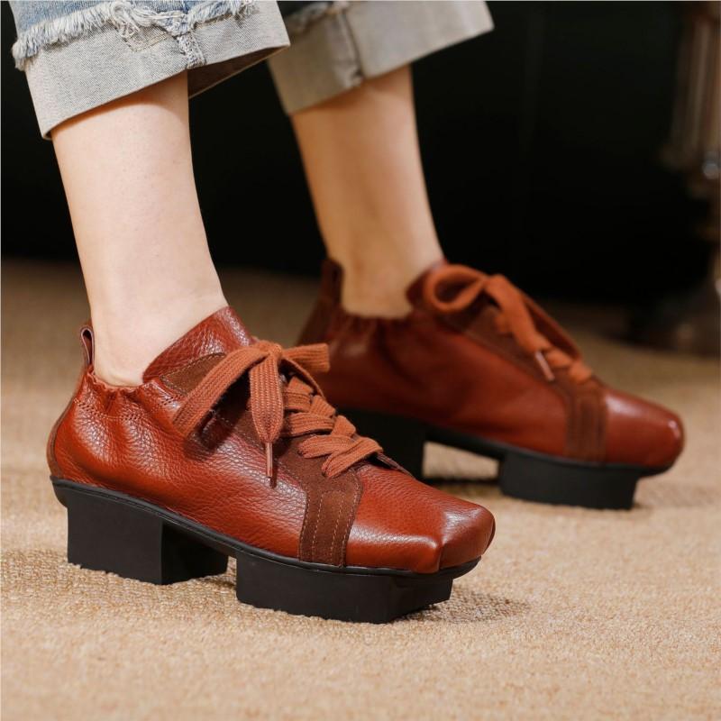 Johnature Women's Shoes Genuine Leather Square Toe Soft Cowhide Lace-up Versatile Mid Heel Pumps