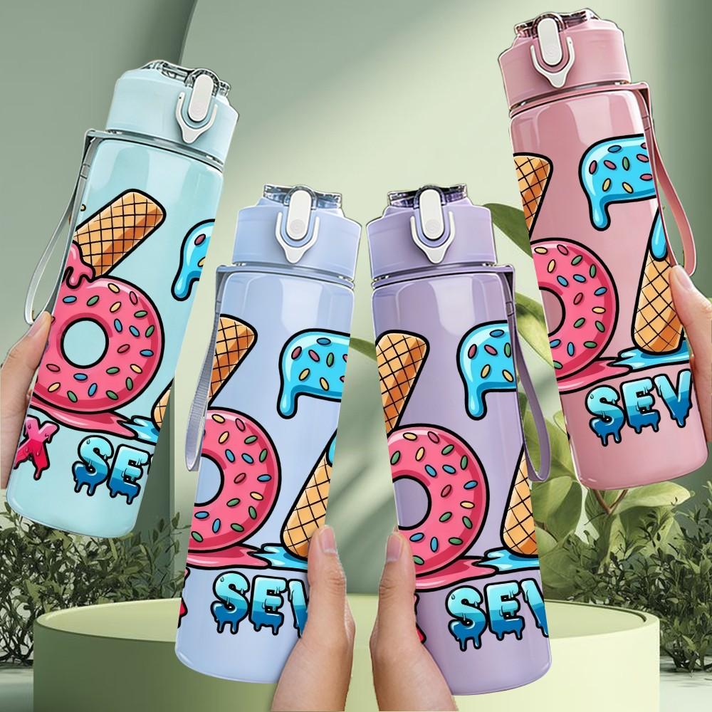 1PC Sixty Seven Retro Pop Number Graffiti Print 750ml Color Plastic Sports Water Bottle Leakproof Flip Straw Lid Suitable for Sports Office Home Use