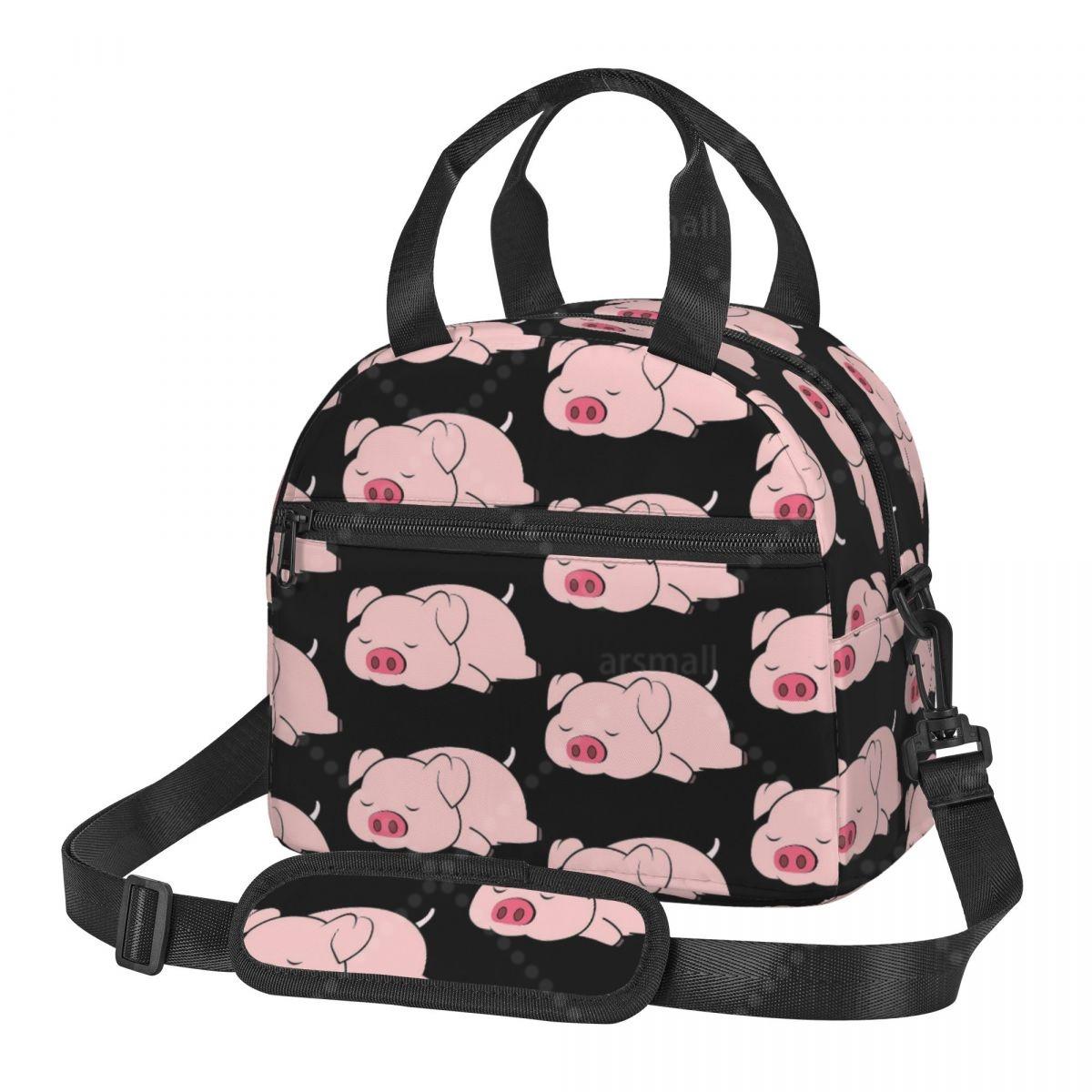 AUR1 Cute Pig Print Lunch Box Portable Reusable Cooler Lunch Tote Bag with Adjustable Shoulder Strap Option 1 чёрный