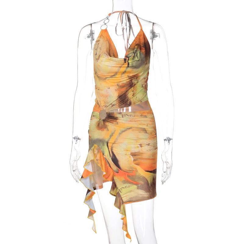 Amazon women's summer new fashion print sexy backless lace-up dress