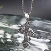 Men's Hip Hop Long Chain Necklace with Retro Distressed Floral Cross Pendant In Stainless Steel.