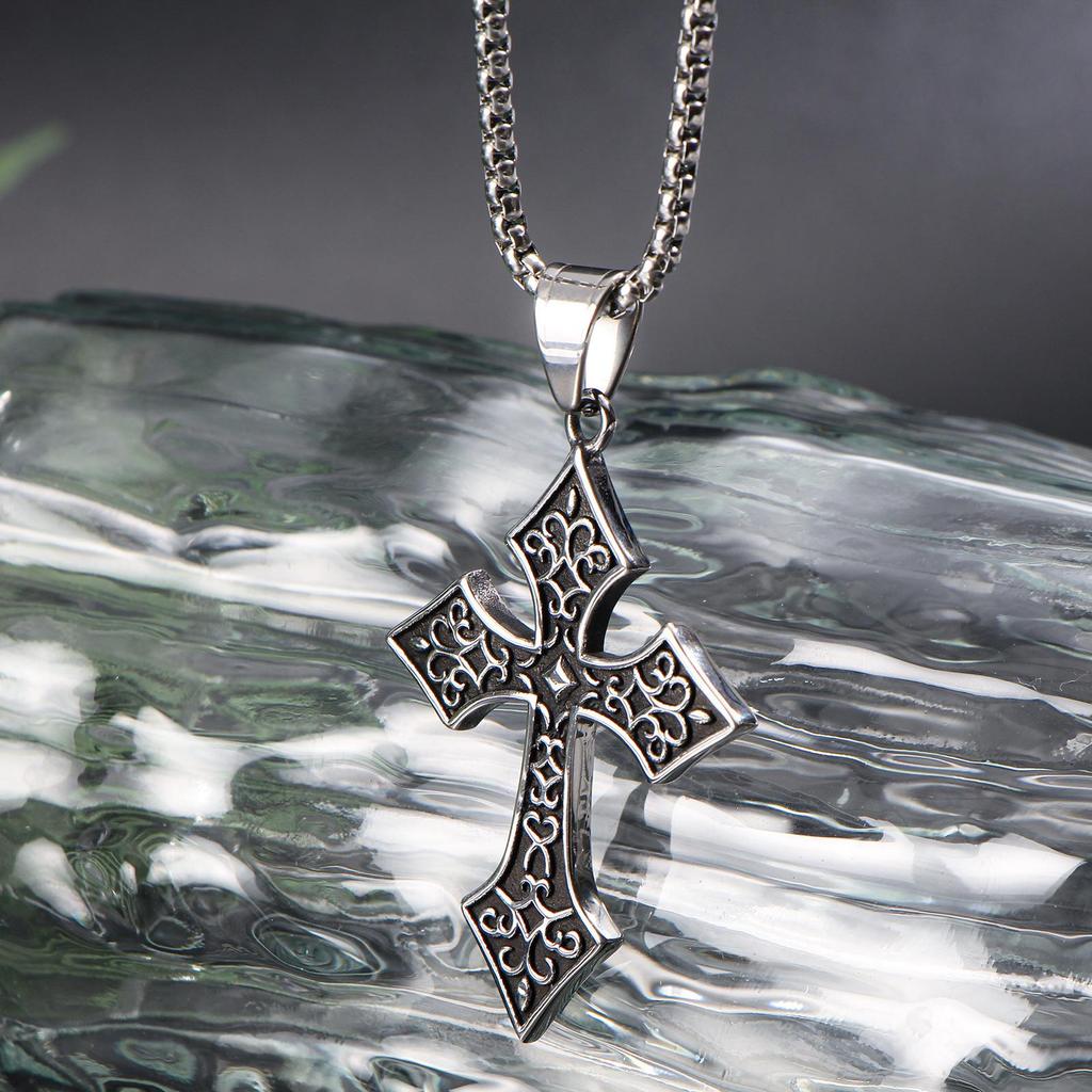 Men's Hip Hop Long Chain Necklace with Retro Distressed Floral Cross Pendant In Stainless Steel.