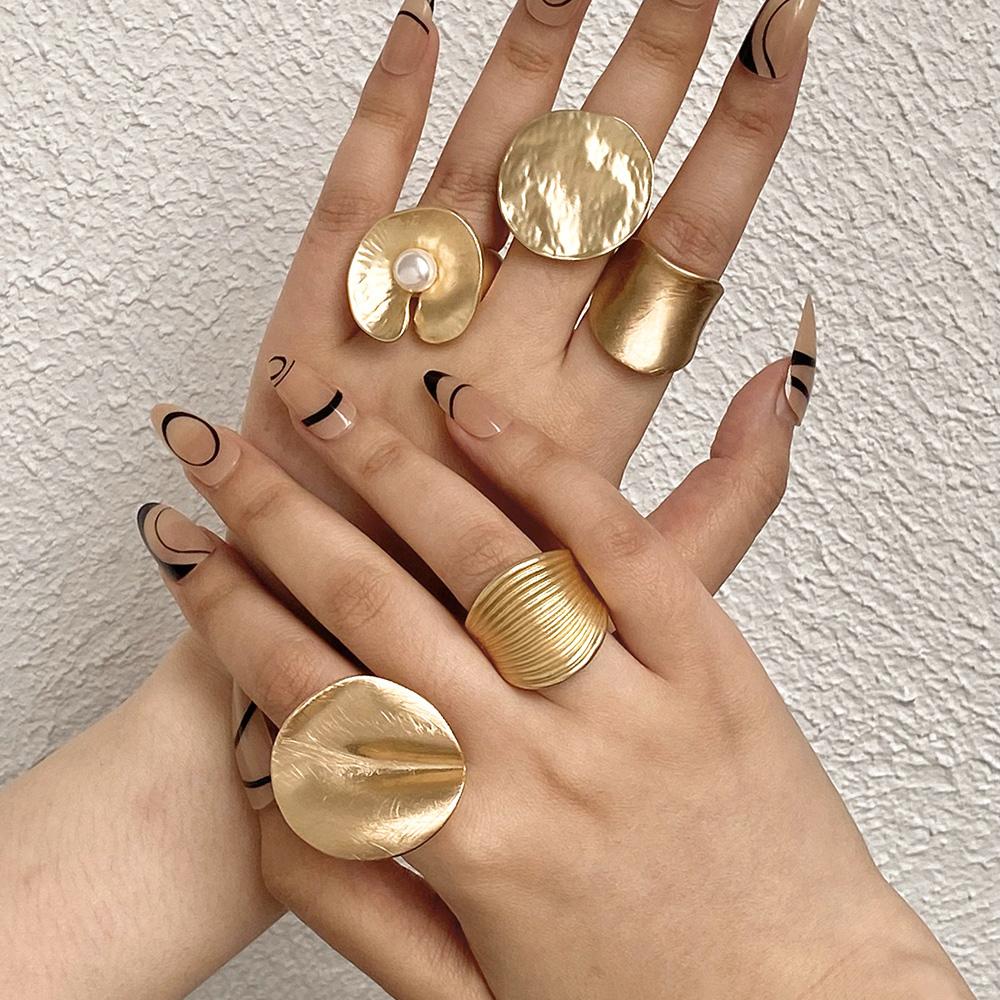 Fashion Elastic Rope Adjustable Rings for Women Men Irregular Geometric Matte Chunky Gold Color Finger Ring Charm Jewelry
