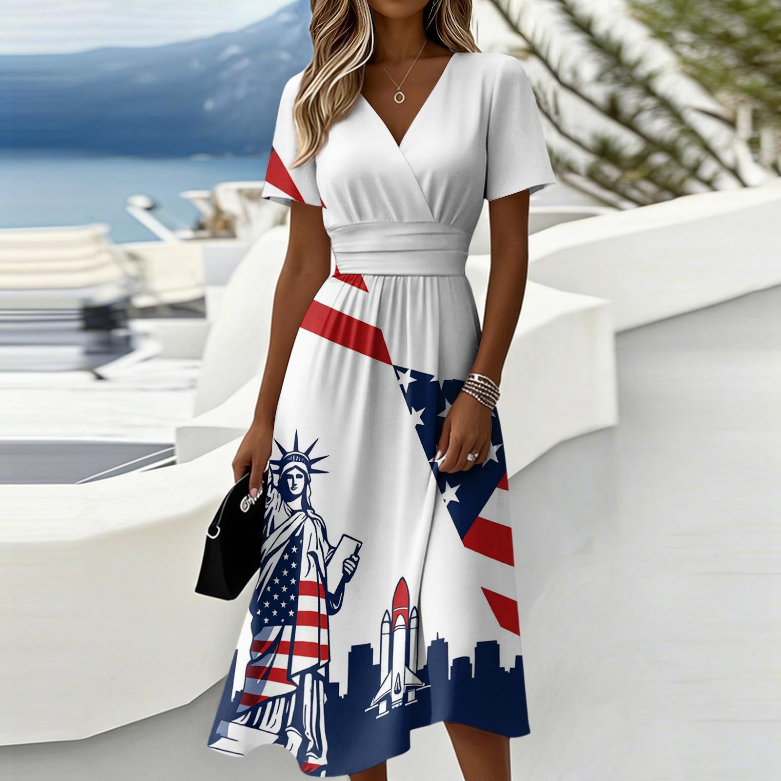 

Women s Independence Day Print Casual Fashion Short Sleeve V-Neck Dress L