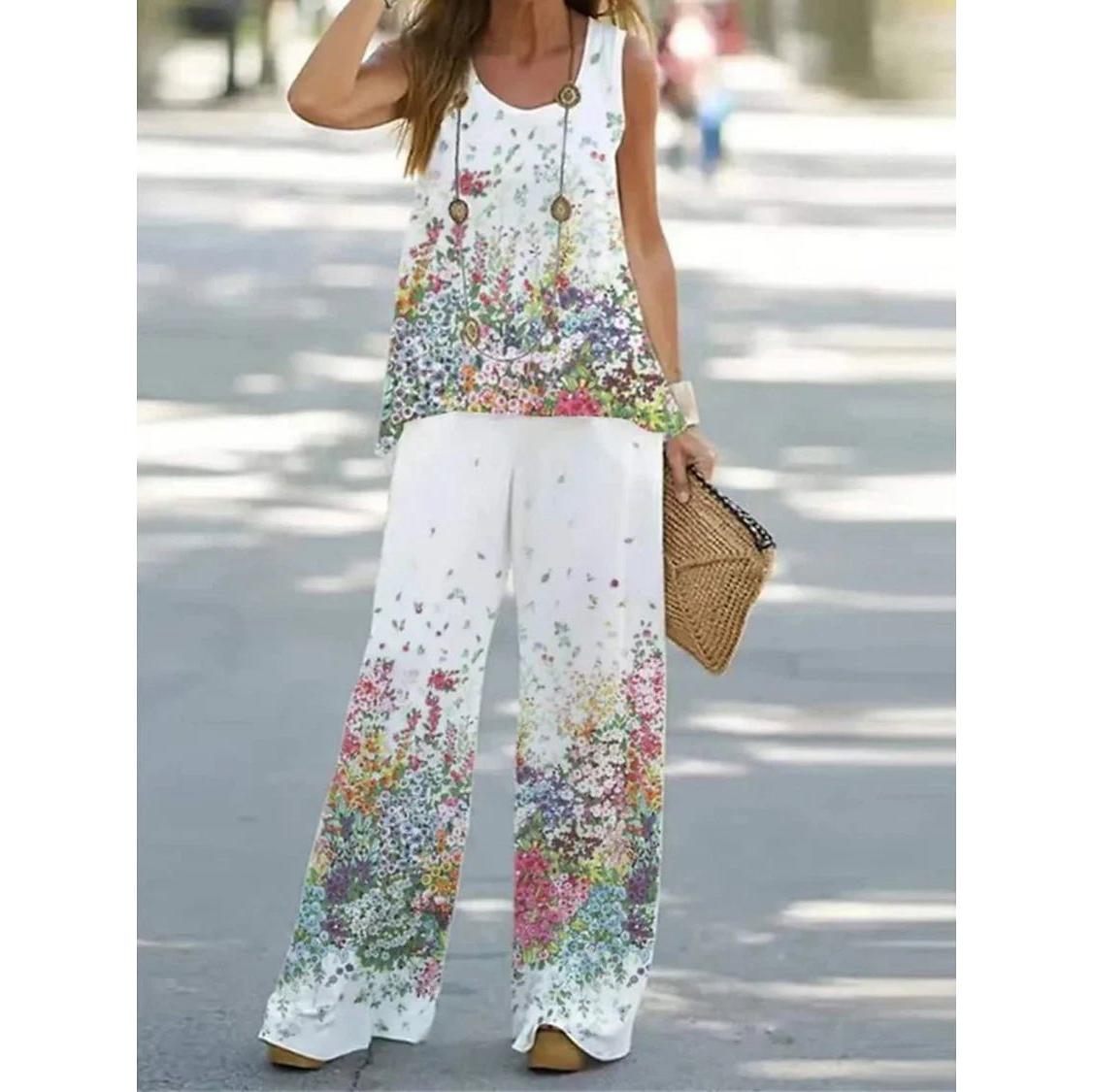 

Новый женский комплект из двух предметов с принтом, топ без рукавов с круглым вырезом + широкие брюки с высокой талией, повседневный свободный шифоновый женский комплект из 2 предметов XXXL разноцветный