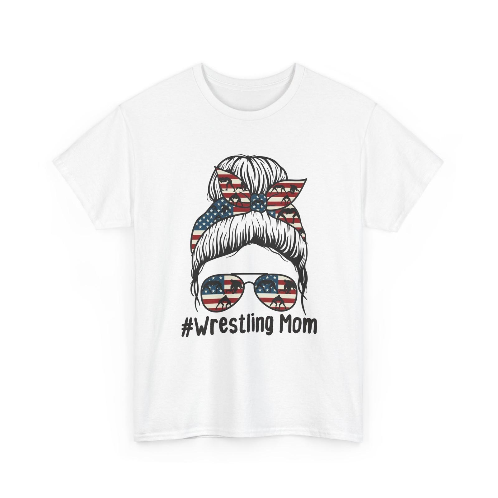 Wrestling Mom T-Shirt, American Flag Messy Bun Women Mom Shirt S