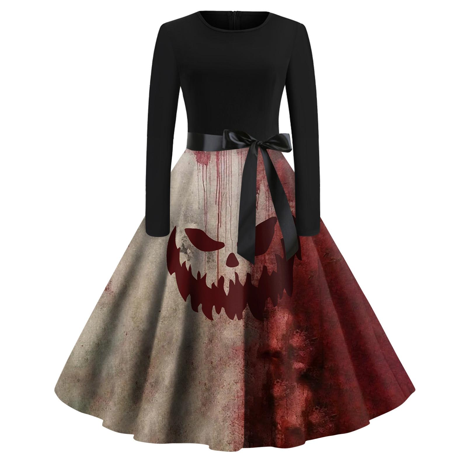 

Женское винтажное платье для выпускного вечера с длинным рукавом и принтом на Хэллоуин для всей семьи XL красный