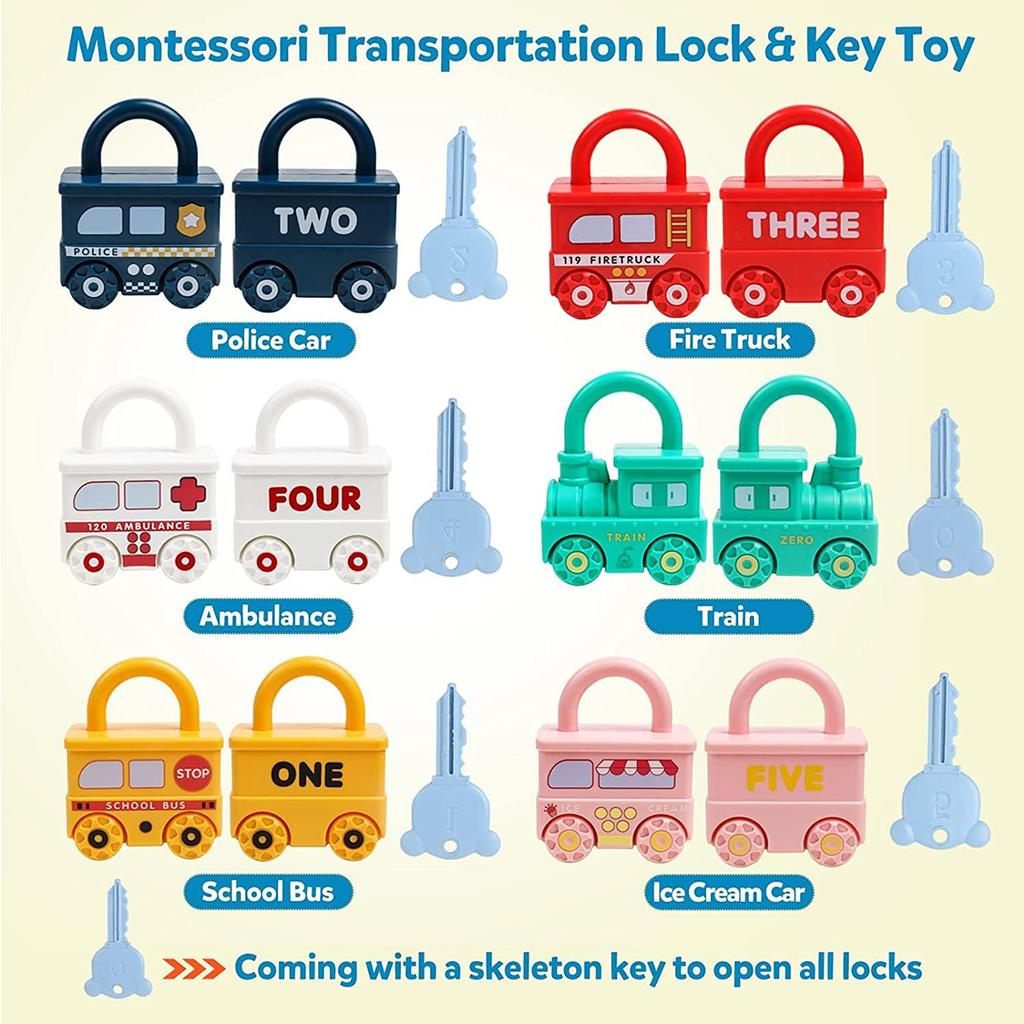 3Pcs Early Learning Lock Unlock Car Train Toy with Keys, Kids Montessori Math Motor Skill Educational Toys, Birthday Xmas Gift