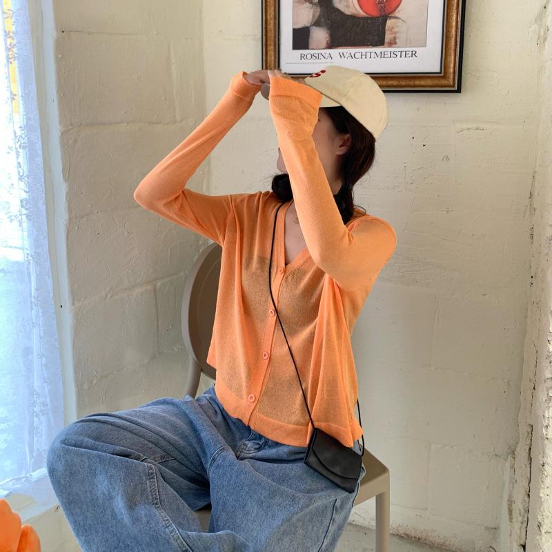 Women Summer Thin Knitted Shirt Top Cardigan V-Neck Full Sleeve Single-breasted Sunscreen Loose Solid Color