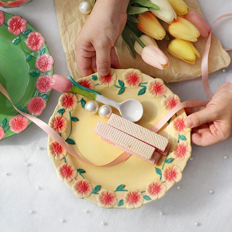 Flower Plate Embossed Small Flower Breakfast Dessert Plate Household Ceramic Plate Under Glaze Colored Hand-painted Tableware