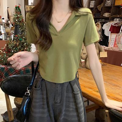 Irregular Polo Collar Short-sleeved Right-shoulder T-shirt for Women with Design Sense Niche Pure Desire Tight-fitting Inner Layering Shirt Top