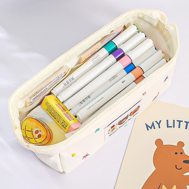 1pcs Three Cartoon Bear Pencil Bag Pen Case Embroidery Design Large Opening Cute Portable Storage Pouch Student