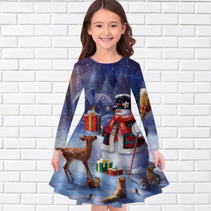 Flicka Ledig Snögubbe Present Tryck Rund Hals Långärmad Klänning Barn Prinsessklänning