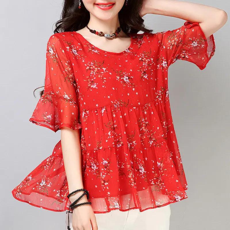 Blouse Women Chiffon Shirt Short Sleeve Women's Top Printed Loose Round Neck Blusas