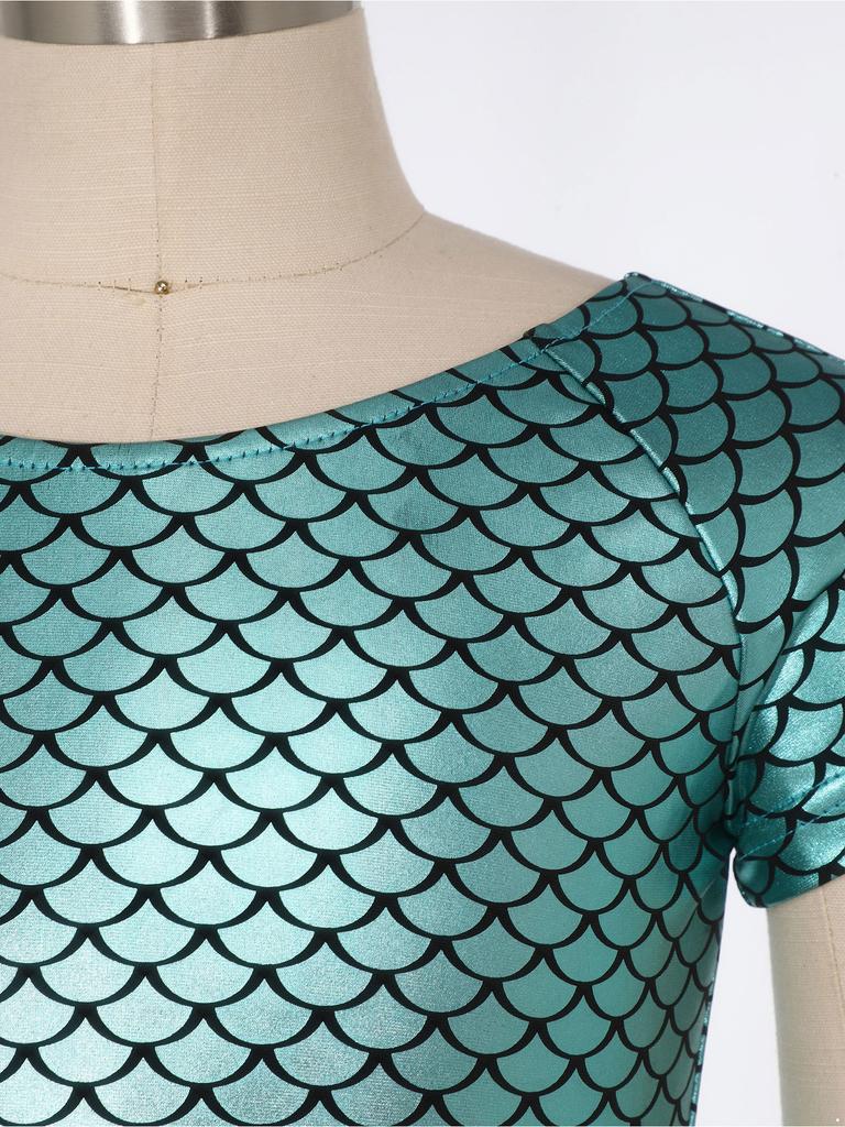 Girls Metallic Fish Scale Print Leotard Short Sleeve Bowknot Cutout Back Ballet Gymnastics Bodysuit