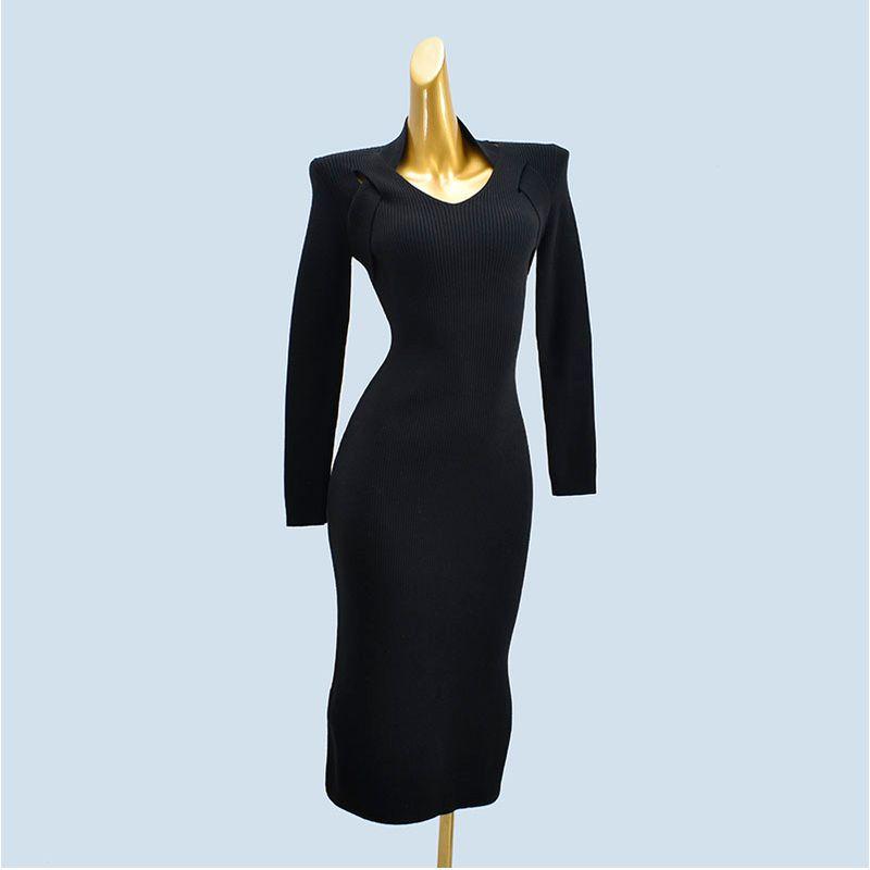 Brand Label Cutting Halterneck Long-Sleeved Silm Thick Knitting Sweater Mid Length Long Length Split Elegant Dress Female Fall and Winter