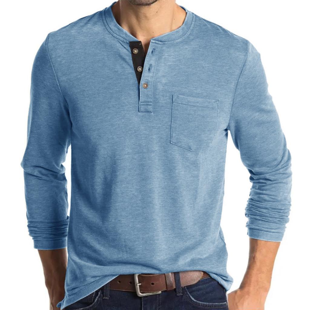 Herbst Winter Herren Langarm Rundhals Einfarbig Tasche Hemd Knöpfe Hals Pullover Oberteil Für