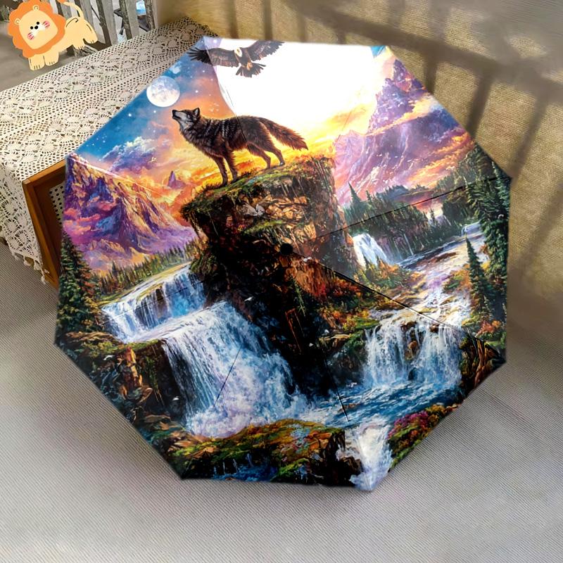 1 PC Automatic Folding Umbrella - Moonlit Wolf and Eagle Pattern, Portable & Foldable Design with 8 Ribs, Christmas Birthday Gifts