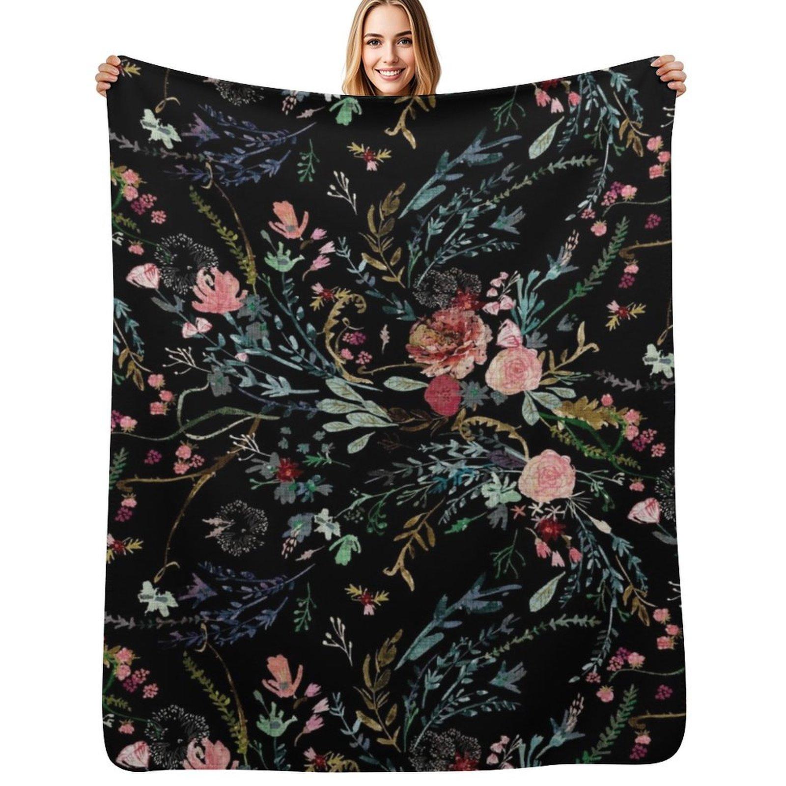 Midnight Floral Throw Blanket Warm Comfortable Blanket for Office Napping Size: 75*100cm, Weight: 230 GSM