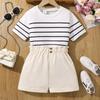 Girls' Casual Striped Two-Piece Set: Short-Sleeve Top & Ruffle Shorts (Summer 2025)