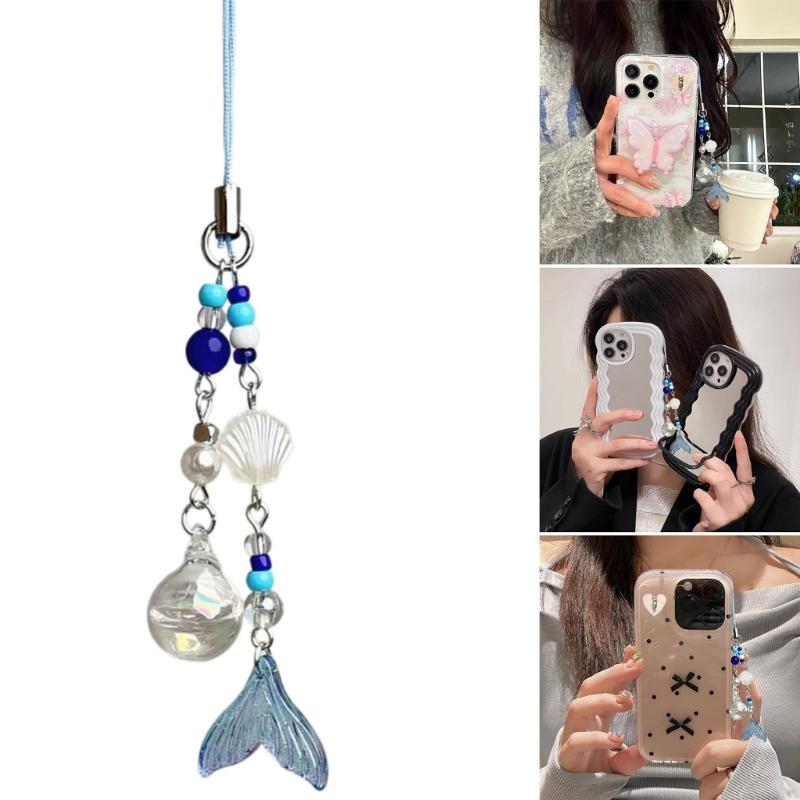 Cute Fish Tail Shell Bead Pendant Phone Straps Lanyard Pocket Keychain Strap Backpack Charm Car Key Decoration Chain