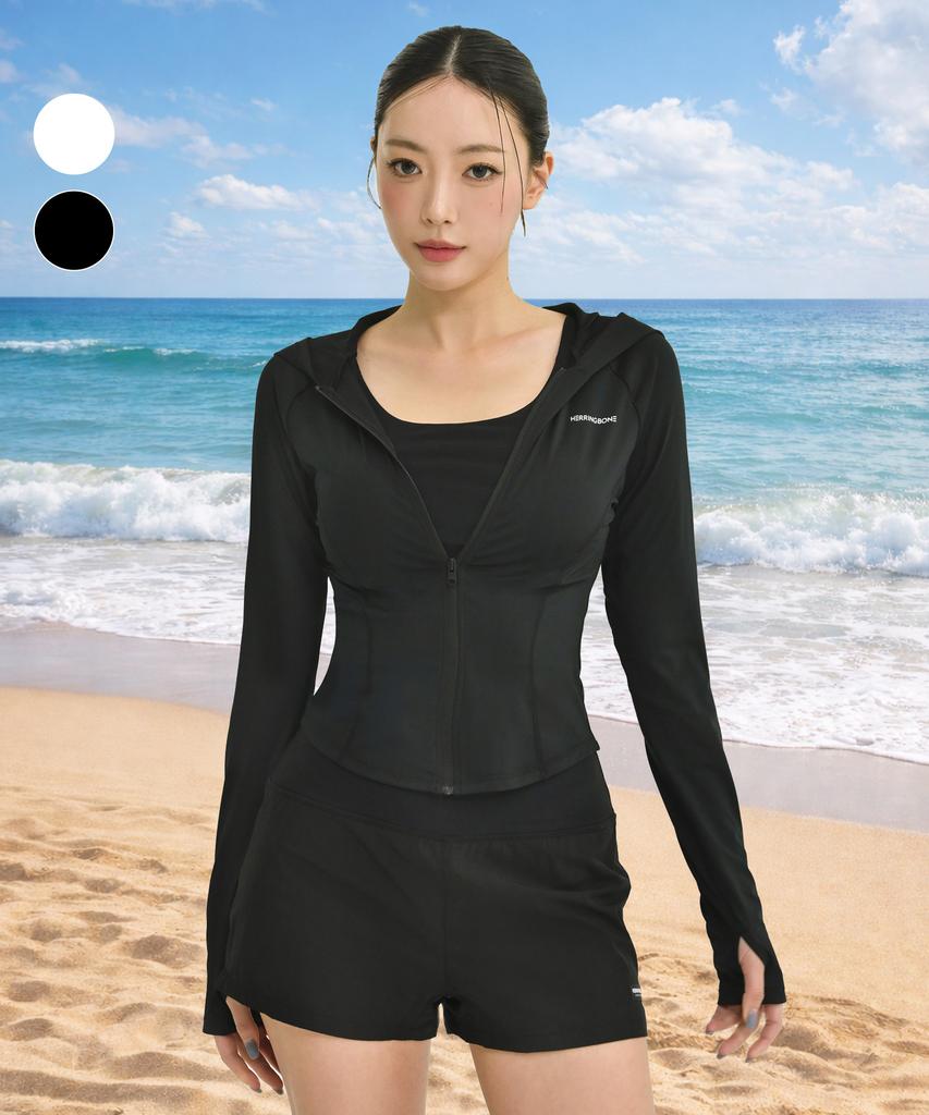 Helingbon Women'S Hooded Zip-Up Fingerhole Crop Rash Guard (2 Colors) / Rj391W