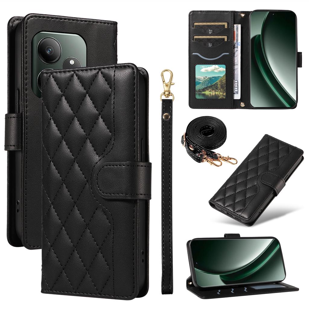 For Realme GT 6 5G Case Wallet Rhombus Leather Phone Cover with Shoulder Strap,Wrist Strap