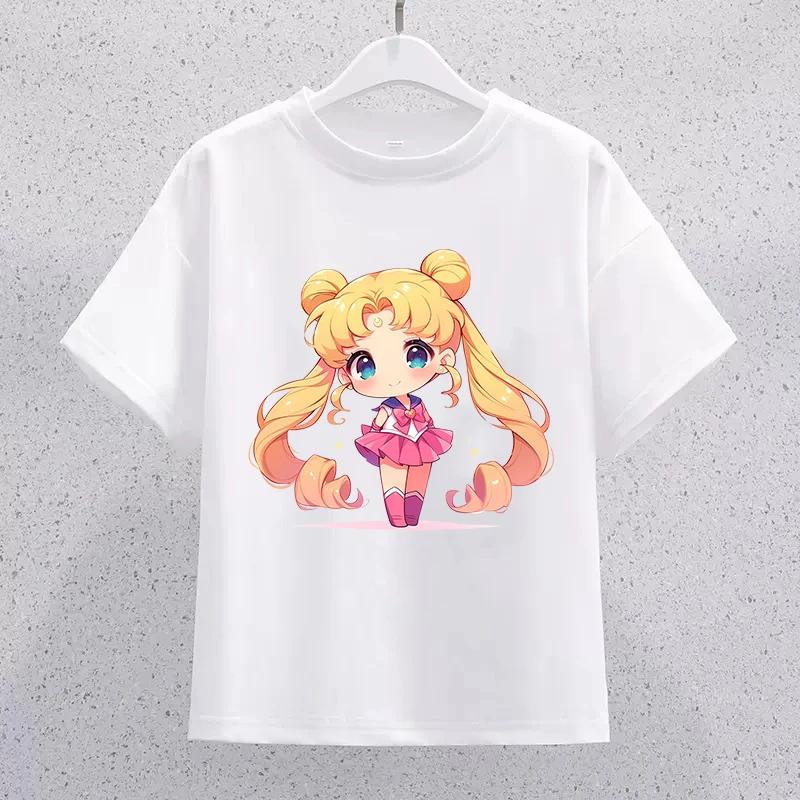 Sailor Moon Children Cotton Tshirt Cartoon Print Short Sleeve Tees Kawaii Pullover Girls Summer Casual Tops Kids Birthday Gifts