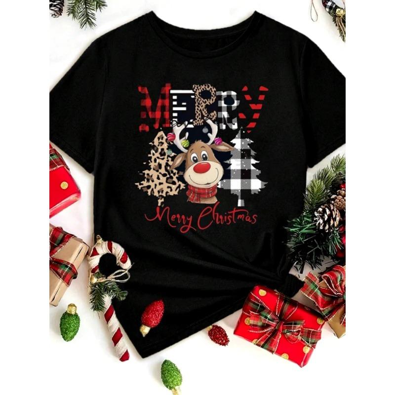 

Милая женская рождественская футболка с 3D-принтом оленя и леопарда, повседневная футболка с рисунком рождественской елки S