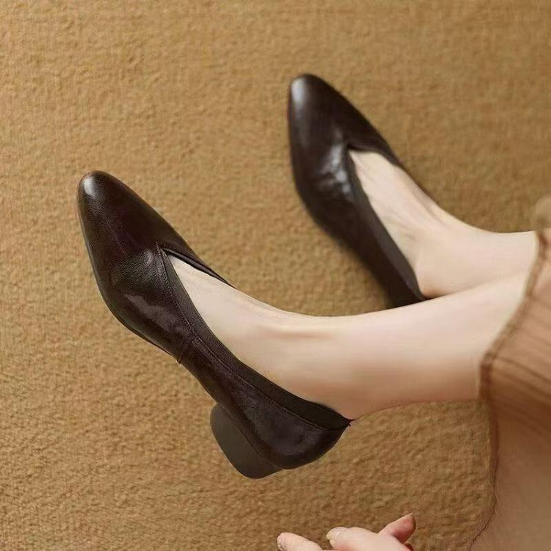 One pedal medium and low temperament retro pointed elastic mouth spring new real soft leather women