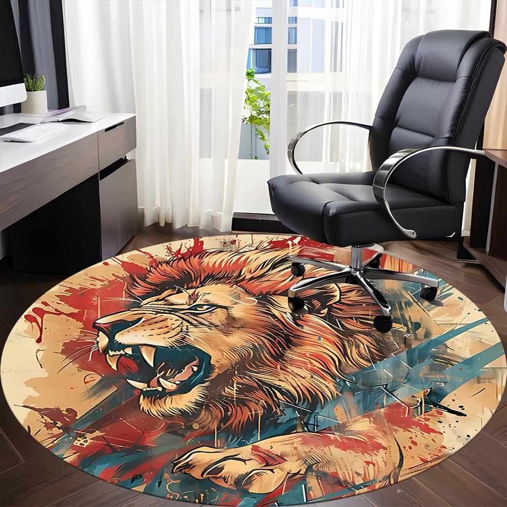 1PC Lion Roar Office Round Area Rug,  Mat Suitable ForOffice, Under Office Chairs Bedroom Living Room Home Decor, Room Deco