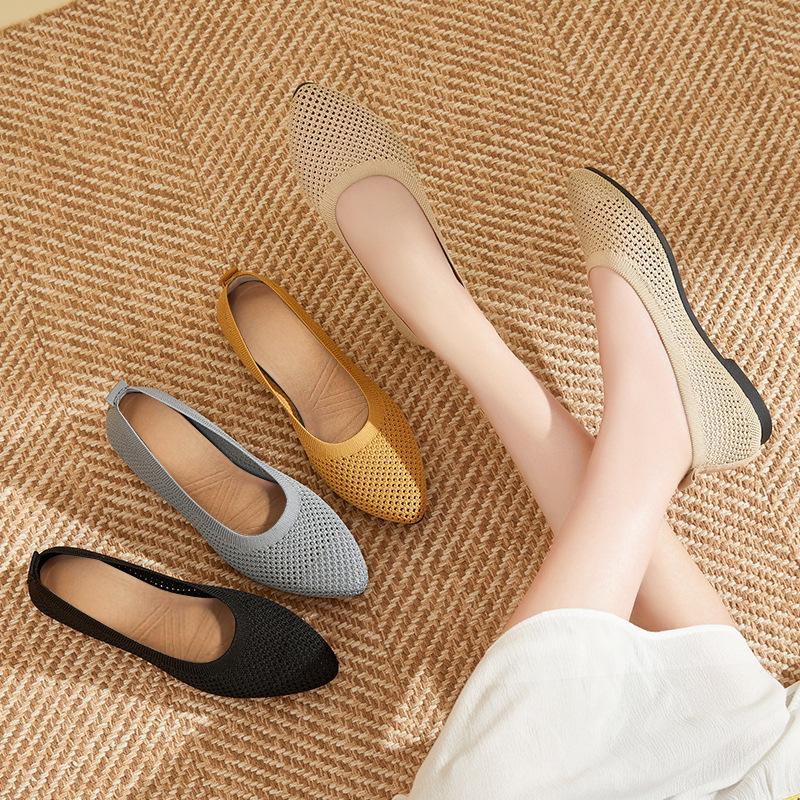 Solid Color Women's Pointed Toe Fly-knit Casual Flats