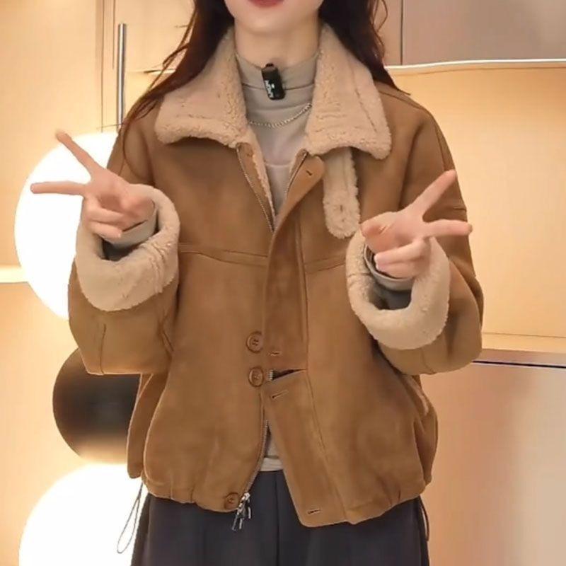 2025 Winter Korean-Style Retro Loose Lambswool-Leather Coat, Plush Velvet Warm Top