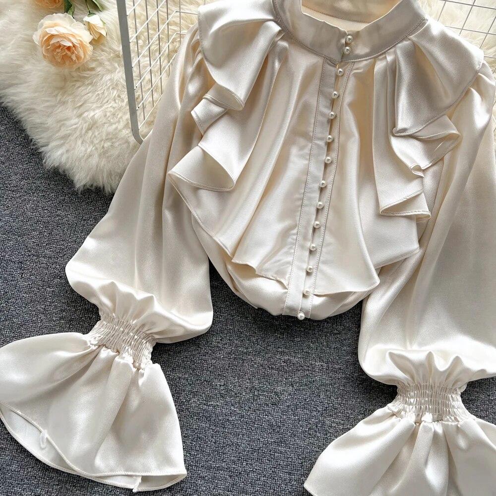 Satin Loose Shirt Long Flared Sleeves Ruffles O Neck Beading  Women Gentle Office Lady Casual Blouse