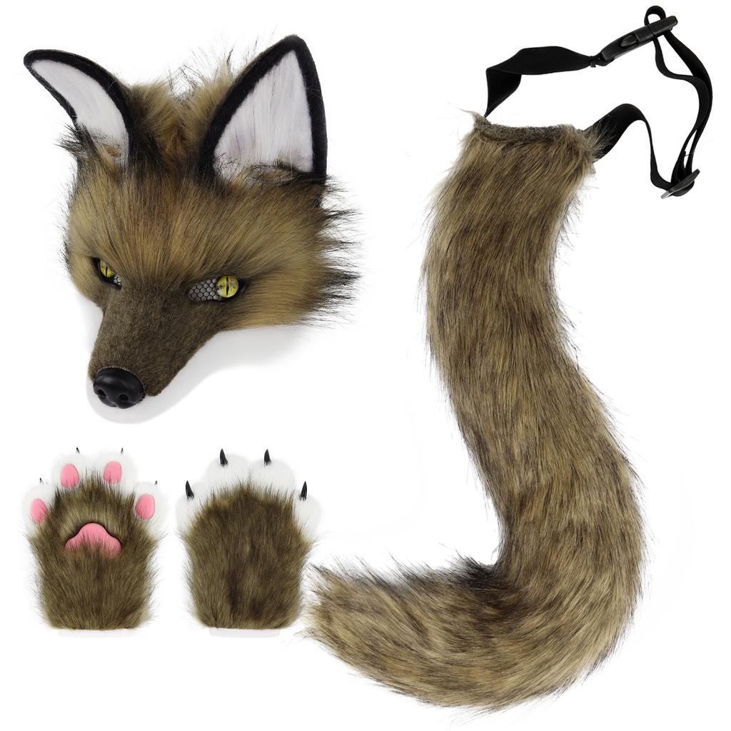 Halloween Party Plush Simulated Fox Tail Half-Face Mask and Animal Claw Glove Set cos Props