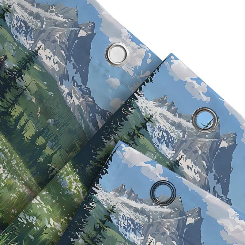 Scenic Mountain Forest Cabin Shower Curtain Nature Inspired Bathroom Decor Featuring Alpine Peaks Flower Fields And Pathway